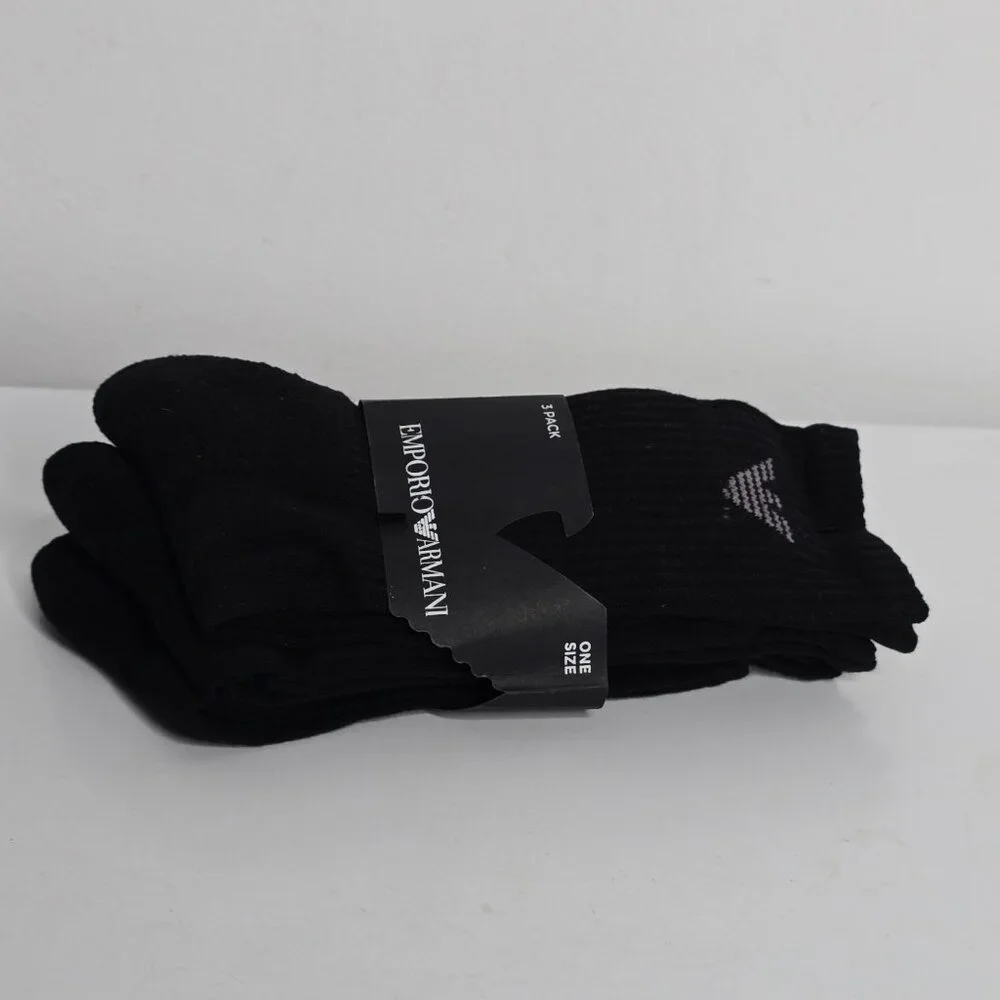 Emporio Armani Mens Black Crew Socks Everyday Sports Cotton Trainer 3 Pair Pack